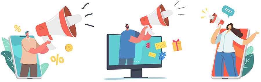 Tiny Characters with Huge Megaphone. Digital Marketing, Public Relations and Affairs, Communication. Pr Agency Work, Alert Advertising, Social Media Promotion. Cartoon People Vector Illustration